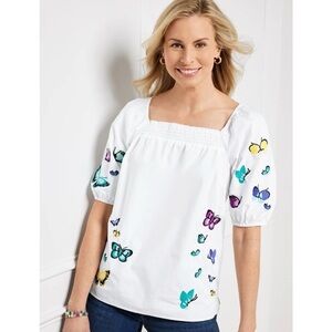 Talbots Embroidered Poplin Top Butterfly White Blue Purple Yellow Teal Boho L